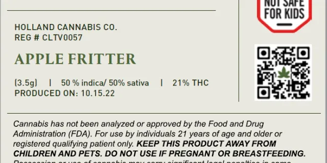 Label for Holland Cannabis Company "Apple Fritter" strain