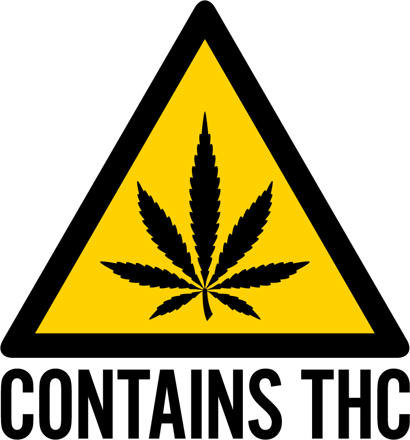 A warning symbol with text that says "contains THC."
