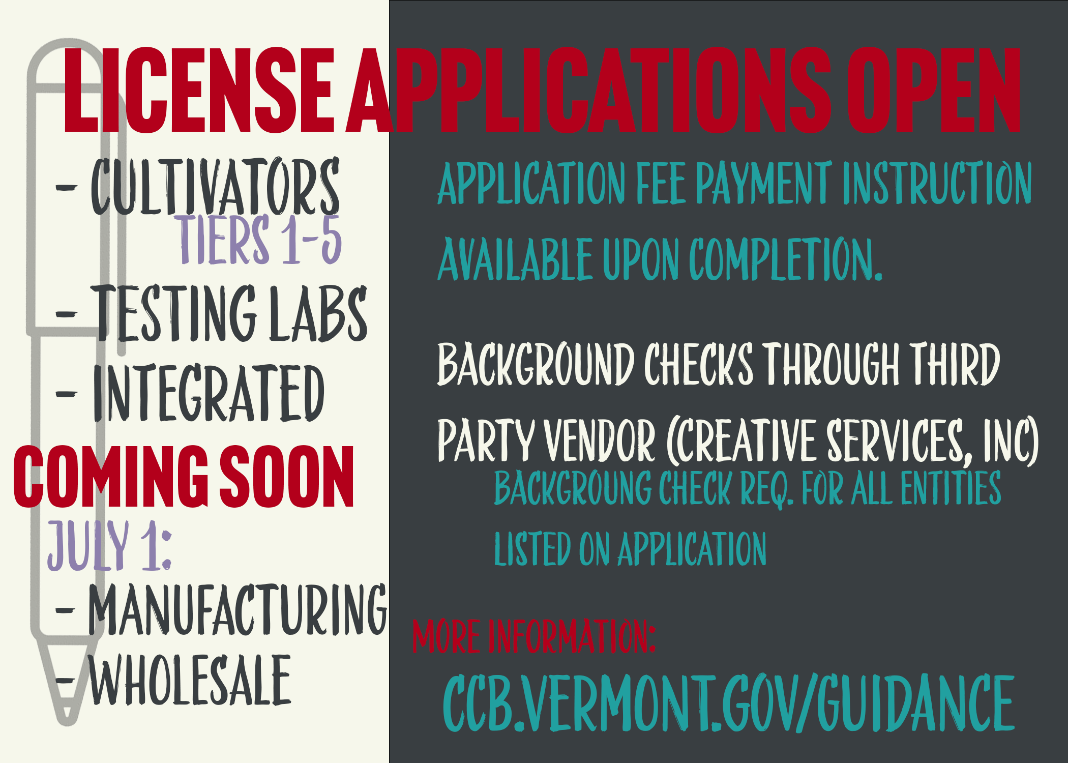 License Applications are Open for Cultivation Tiers 1-5, testing labs, and integrated licenses
