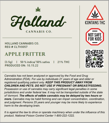 Label for Holland Cannabis Company "Apple Fritter" strain